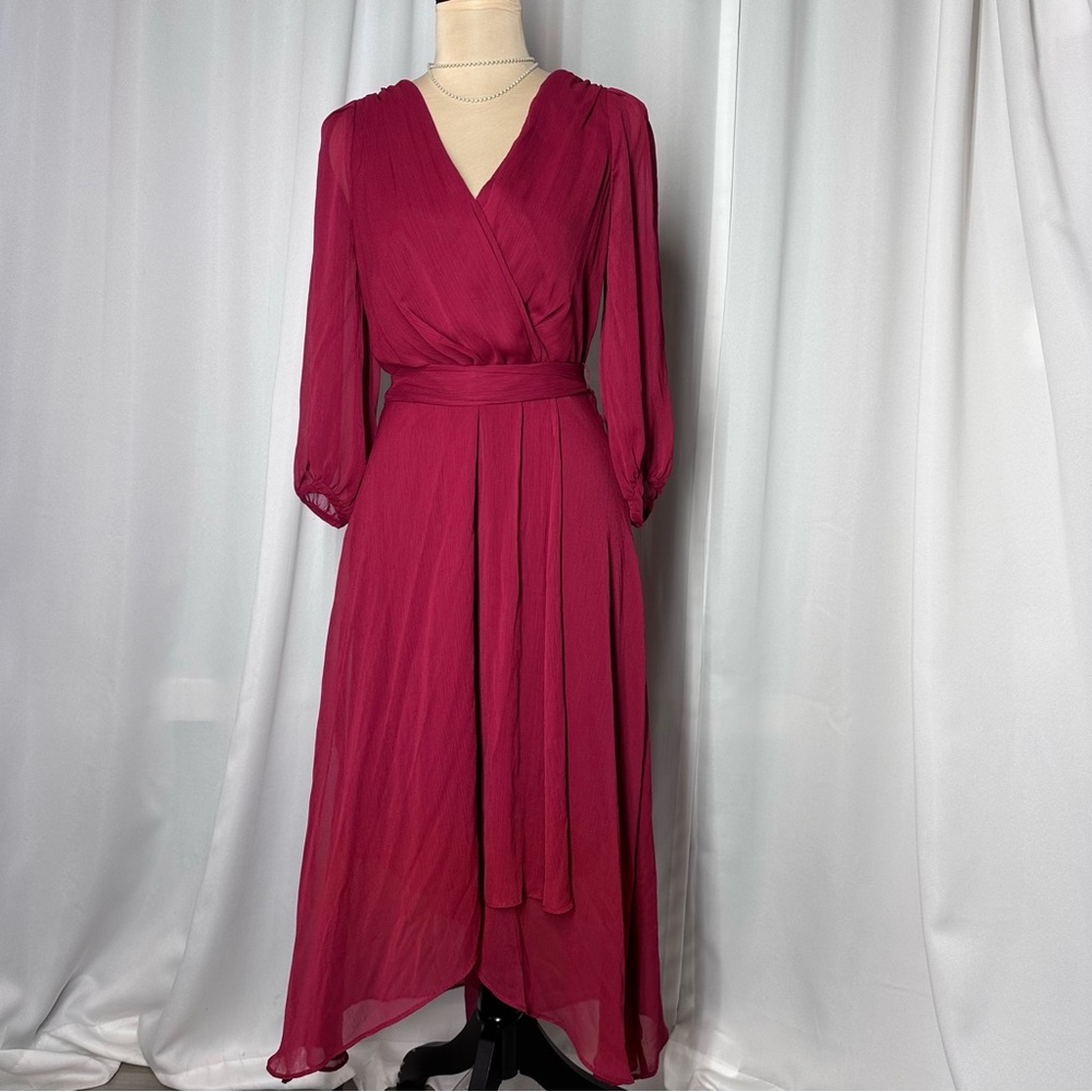 NWOT Chaps Surplice Midi Dress Sz 6 Maroon Flowy Faux Wrap Belted‎ Semi Sheer